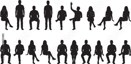 Black silhouettes of diverse men and women sitting in various poses isolated on white background group of people for lifestyle and social designs
