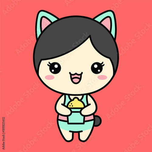 Cartoon cat girl holding food isolated on transparent background
