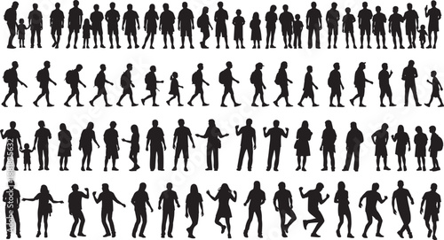 Black silhouettes of diverse people walking standing dancing and children with parents isolated on white background large crowd and community human resource concept