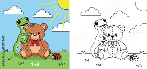 Cute cartoon gecko hugging a brown teddy bear in sunny nature, happy lizard and ladybug friends, vector illustration for nursery or kids education.