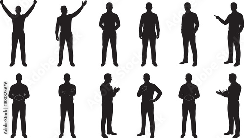 Black silhouettes of diverse professional men standing posing and celebrating isolated on white background corporate male leadership and office worker team concept designs