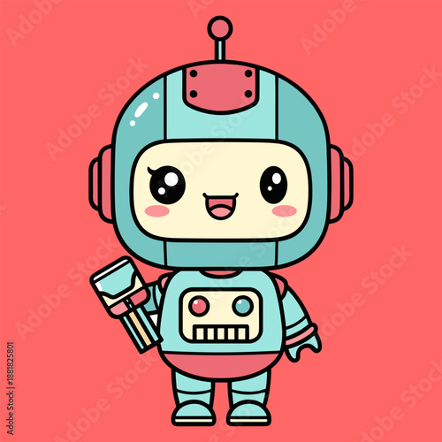 Cute robot holding wrench isolated on transparent background