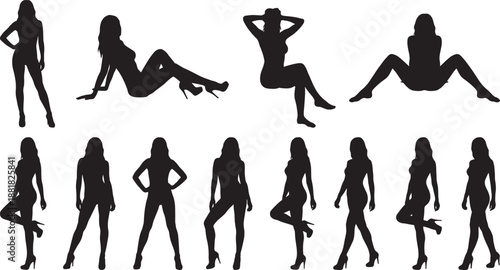 WebBlack silhouettes of diverse women posing sitting and standing in high heels isolated on white background fashion model and feminine beauty concept designs
