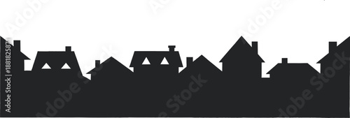 Black silhouette of suburban village houses and residential buildings isolated on white background small town neighborhood and real estate architecture concept for designs