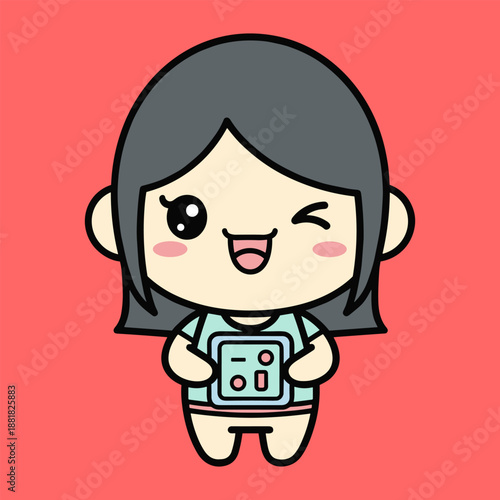 Cute girl holding device isolated on transparent background