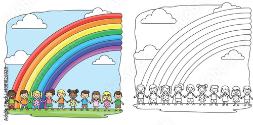 Cute diverse cartoon children holding hands under a big rainbow. Happy group of boys and girls standing in a line together outdoors. Vector illustration for friendship and unity concepts.