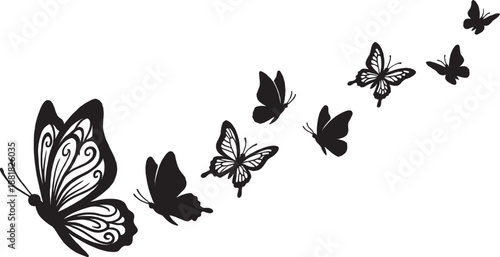 Black silhouettes of a graceful butterfly swarm flying in a trail isolated on white background group of diverse