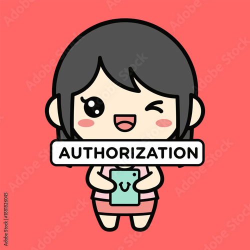 Cartoon girl holding authorization sign isolated on transparent background