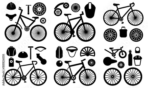 Black and white bicycle and cycling accessories silhouette set on transparent background bike helmet