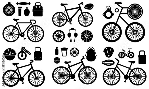 Collection of bicycles and cycling accessories in black and white silhouette style bike helmet