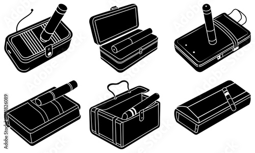 Set of black and white toolboxes with open and closed lids on white background silhouette