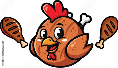Adorable cartoon chicken mascot happily holding two roasted drumsticks with a bone sticking out suggesting delicious poultry food