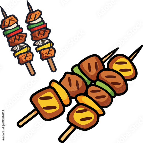 Delicious grilled meat and vegetable shish kebabs presented on wooden skewers perfect for barbecue illustration or food menu design