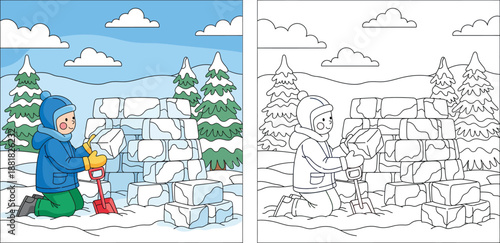 Cute cartoon boy building an igloo with snow blocks outdoors. Happy child playing in a winter forest with a red shovel and ice bricks. Vector illustration for holidays.