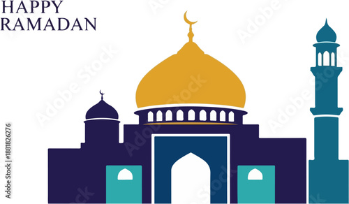 Silhouette illustration of a grand mosque featuring a prominent golden dome and tall minaret wishing observers a blessed and happy ramadan celebration observance.