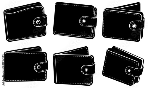 Six black wallets with white outlines on a transparent background