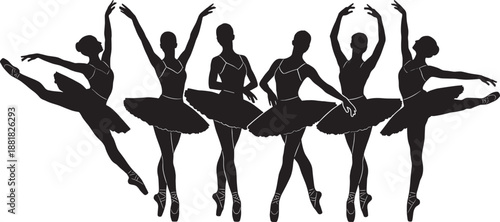 Black silhouettes of female gymnasts performing various athletic poses and rhythmic gymnastics movements isolated on white background sport and flexibility concept for designs