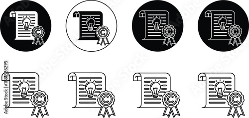 Copyright idea certificate icons with lightbulb and ribbon in black and white variations symbol