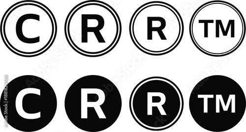 Copyright registered trademark and R symbol variations in black and white icons vector illustration
