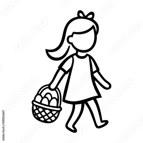 Dibujo sencillo de una niña de pie sosteniendo en la mano una cesta llena de huevos de pascua, buscando dulces