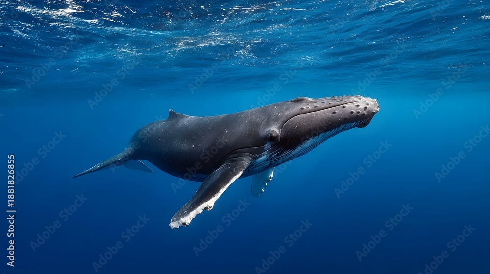 Obraz premium A majestic humpback whale glides gracefully through clear blue ocean water under gentle sunlight rays