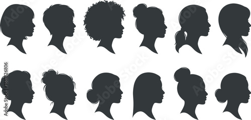 Black silhouettes of diverse women profiles and headshot hairstyles isolated on white background feminine beauty salon and hair care fashion design elements