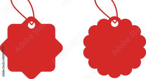 Two red blank decorative tags with string, perfect for sales, gifts, or product labeling