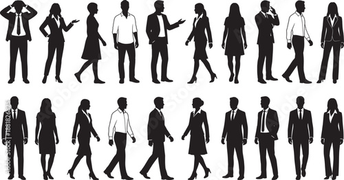Black silhouettes of diverse professional business people and casual workers walking talking and standing isolated on white background corporate team and human resource concept