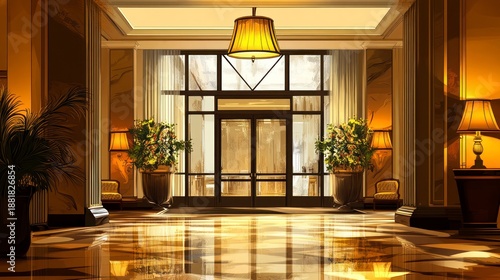 Luxurious Hotel Lobby Interior with Potted Plants.