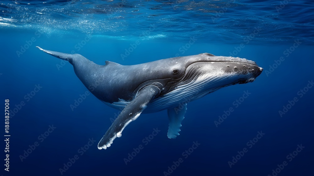 Fototapeta premium A majestic humpback whale glides through the clear deep blue ocean waters near the surface