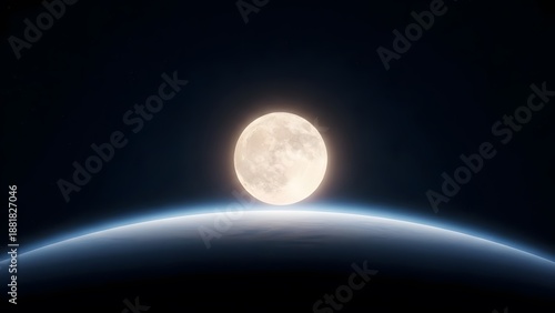 Celestial Sphere: A majestic full moon ascends gracefully over the serene curvature of earth, showcasing the celestial dance between our planet and its lunar companion.