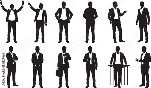 Black silhouettes of professional businessmen in formal suits posing and gesturing isolated on white background corporate leadership and office worker team concept