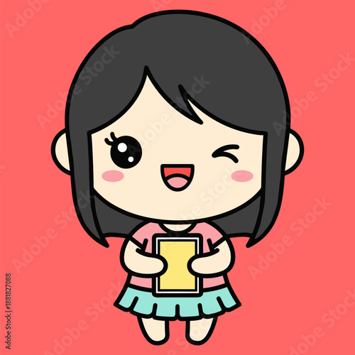 Cute cartoon girl holding book isolated on transparent background
