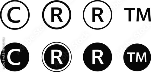 Copyright Trademark Registered Symbols In Circles And Text On White Keywords: copyright symbol, trademark symbol, registered