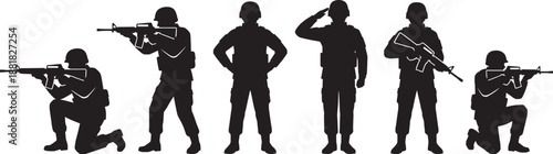 Black silhouettes of soldiers in combat gear and military uniforms standing and kneeling with rifles isolated on white background army and defense concept