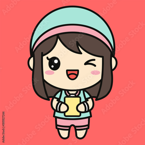 Cute cartoon girl holding coffee cup isolated on transparent background
