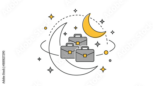 Briefcases orbiting a crescent moon and stars representing business at night, Generative AI.