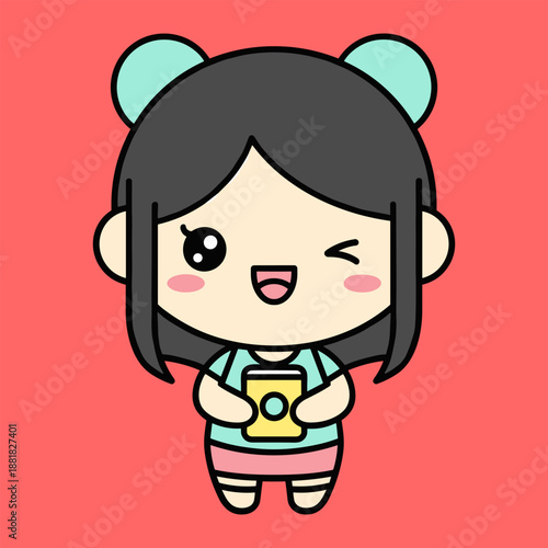 Cartoon girl with camera isolated on transparent background