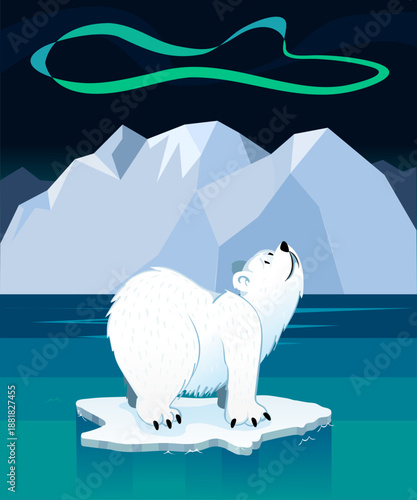 Polar bear standing on ice floe in the Arctic under aurora borealis