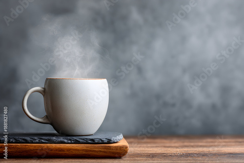 Steaming Cup on Wooden Board A Warm Drink Moment.