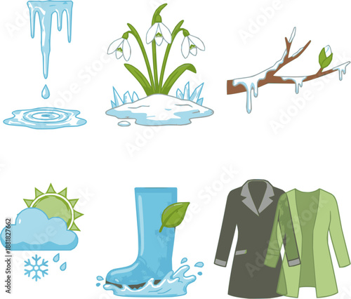 Professional seasonal transition icons. Detailed vector set featuring melting ice, snowdrops, and spring buds. Green and blue transition graphics isolated on white background.