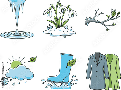 Professional seasonal transition icons. Detailed vector set featuring melting ice, snowdrops, and spring buds. Green and blue transition graphics isolated on white background.