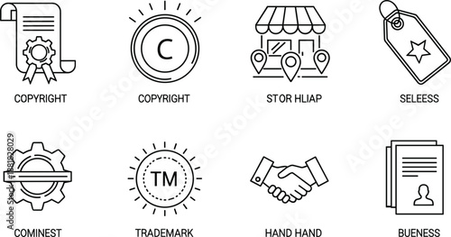 Set of eight black and white business and legal icons on a white background Keywords: copyright, trademark, store, sale, tag