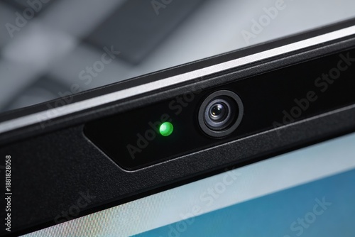 A black built-in laptop webcam is active with a glowing green indicator light on the upper bezel of a modern notebook for video conferencing and digital privacy.