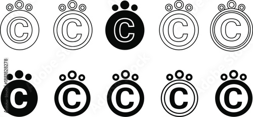 Ten black and white copyright symbols C inside circles on white background icon logo