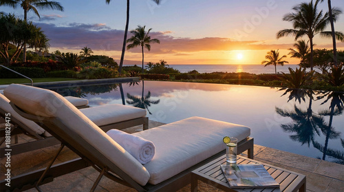 Infinity Pool with Lounge Chairs, Towels, and Sunset View Over Ocean and Palm Trees in Tropical Resort  