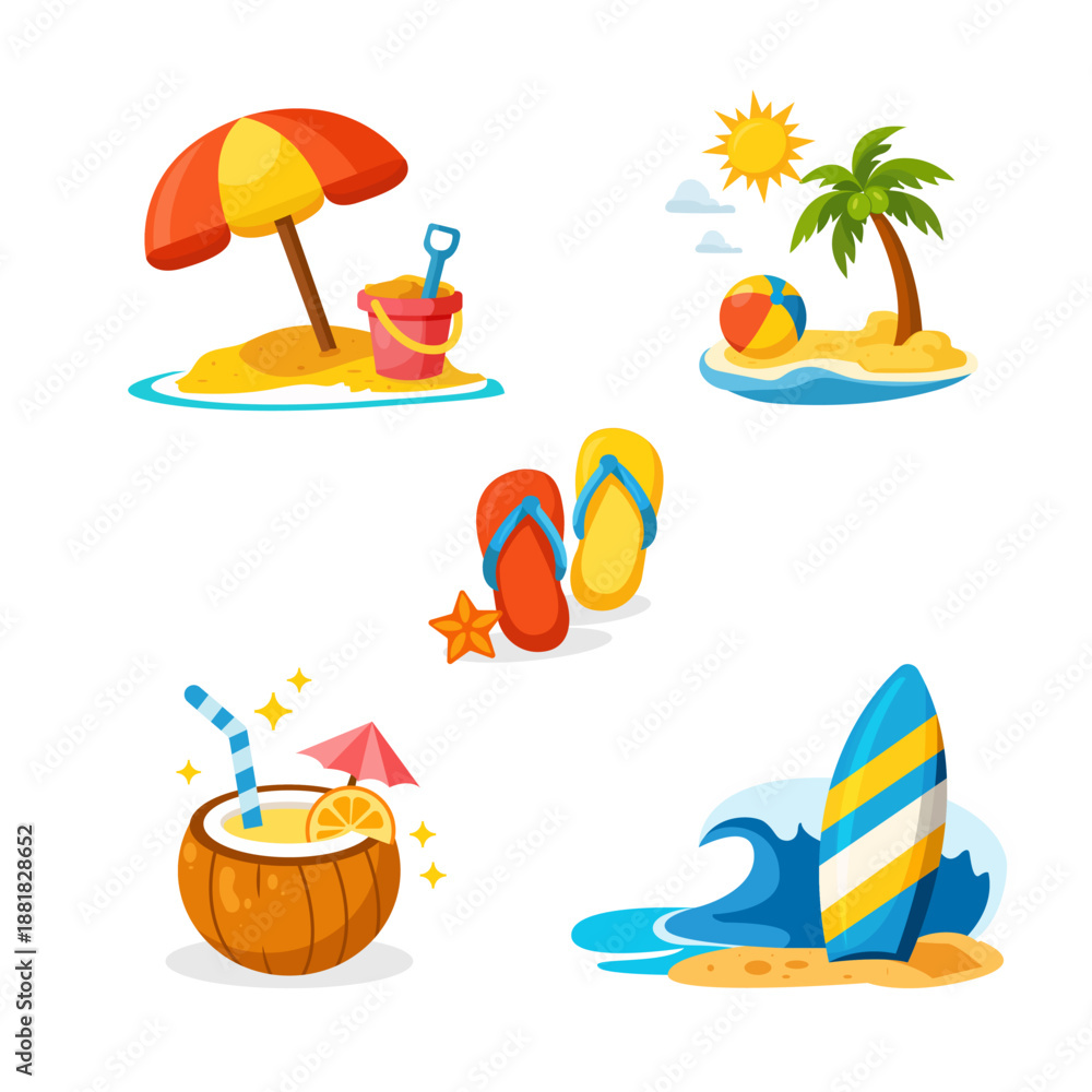 Fototapeta premium Summer beach illustration set with tropical island, sun umbrella, palm trees, fruits, sunglasses, and cold drinks. Perfect for vacation, holiday design, travel promotions, and summer themes.
