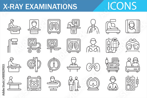 Healthcare X-ray diagnostics line icon set with medical imaging symbols