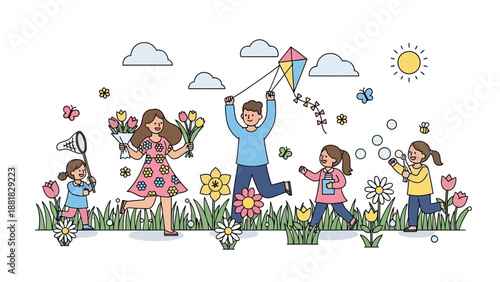 Family Flying Kite Together in Field.