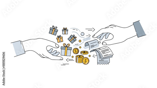 Hands Exchanging Gifts and Money in a Transaction, Generative AI.